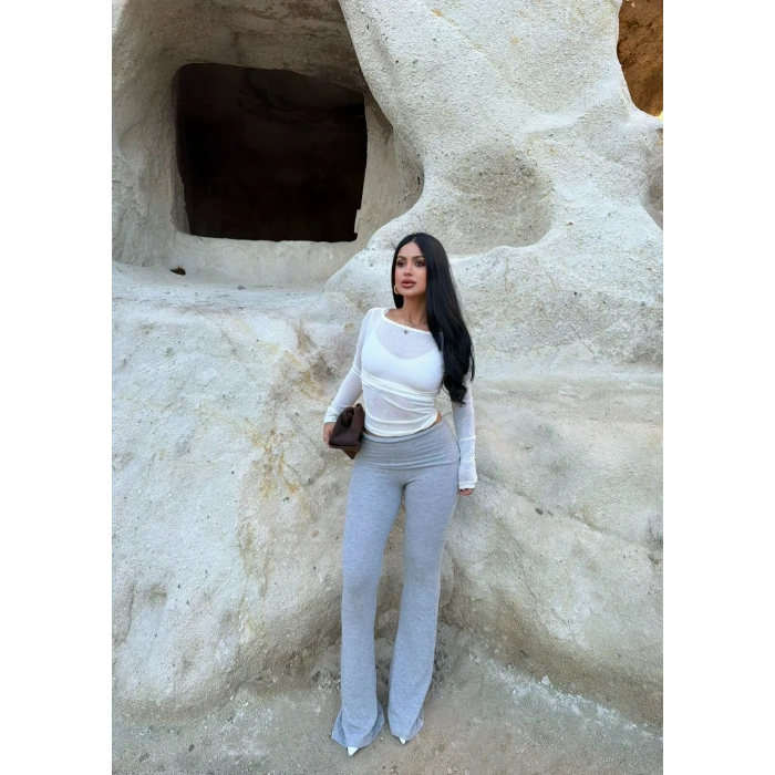 Gri Bel Katlamalı Yumoş Pantolon