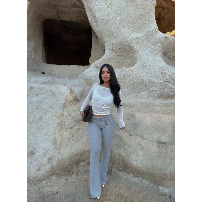 Gri Bel Katlamalı Yumoş Pantolon