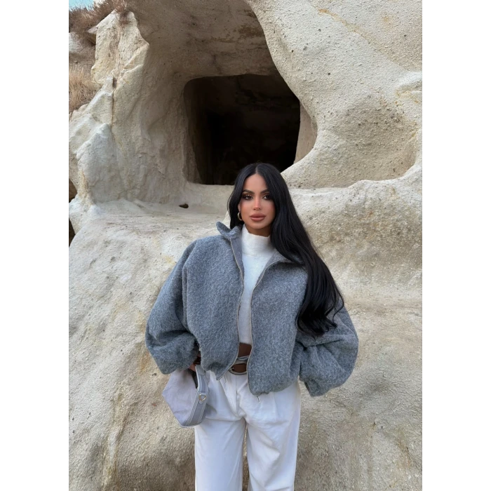 Gri Bel Lastikli Kaşe Bomber Ceket