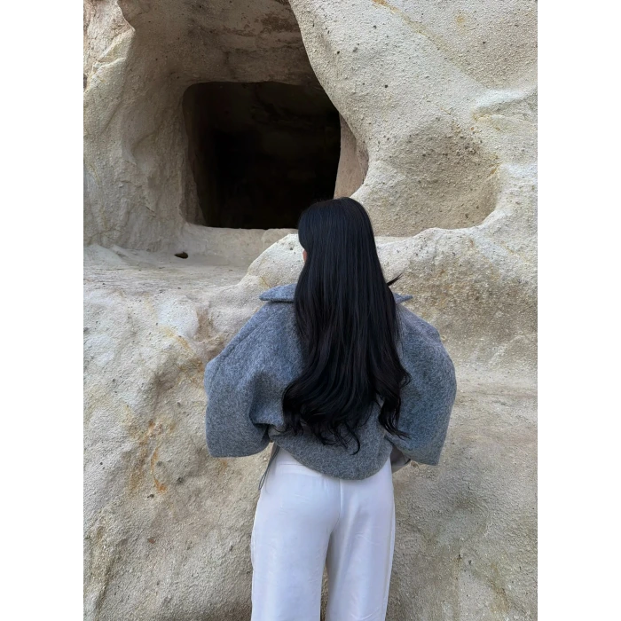 Gri Bel Lastikli Kaşe Bomber Ceket