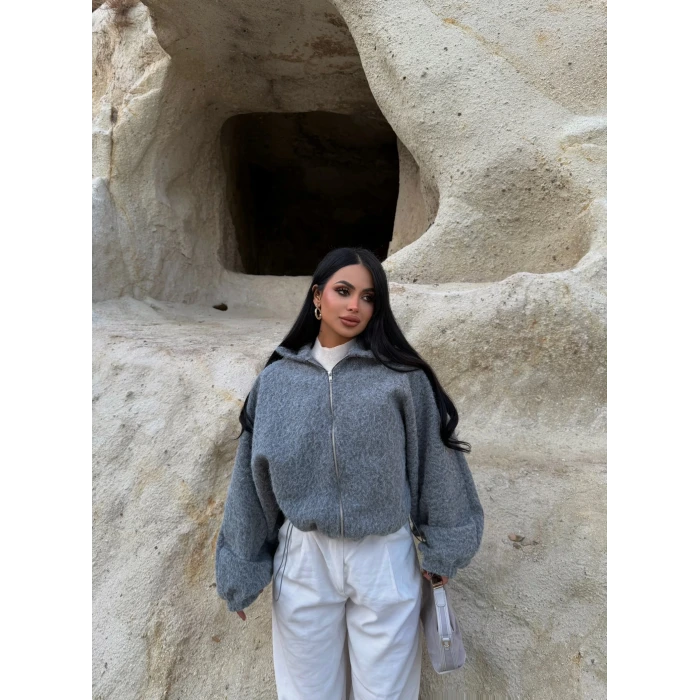 Gri Bel Lastikli Kaşe Bomber Ceket