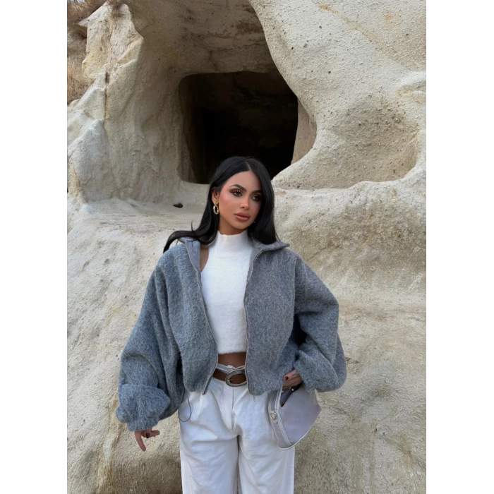 Gri Bel Lastikli Kaşe Bomber Ceket