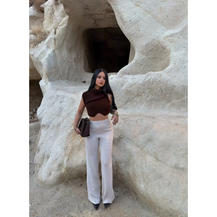 Gri Bol Paça Triko Pantolon