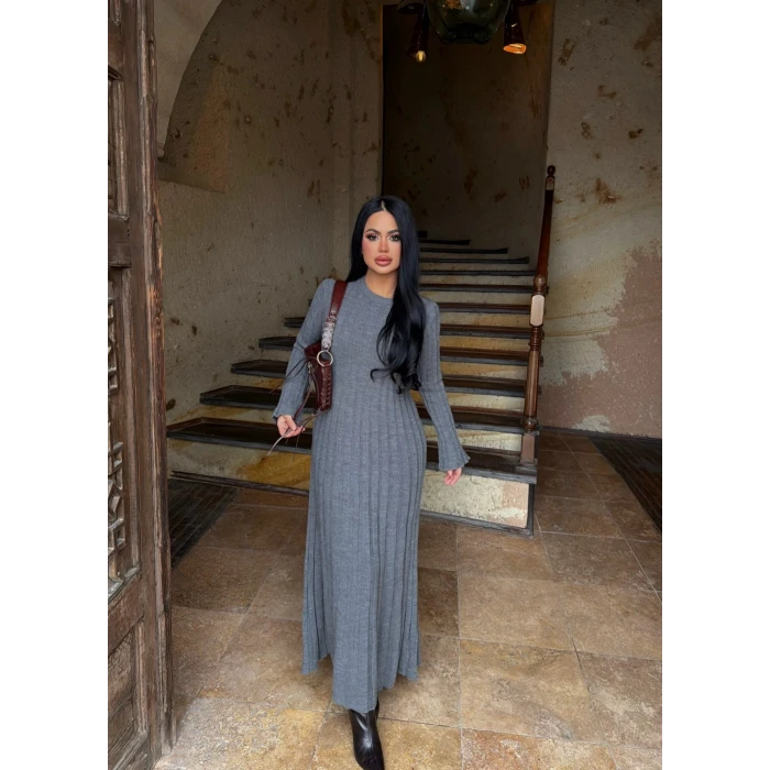 Gri Fitilli Triko Maxi Elbise