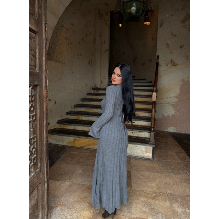 Gri Fitilli Triko Maxi Elbise