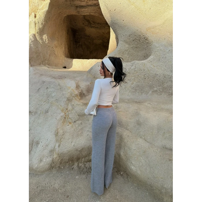 Gri Fitilli Triko Pantolon