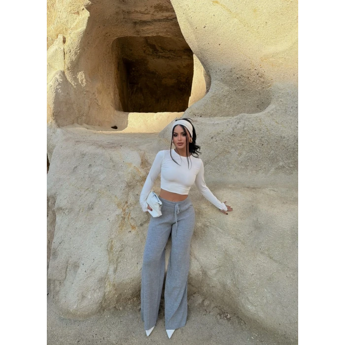 Gri Fitilli Triko Pantolon