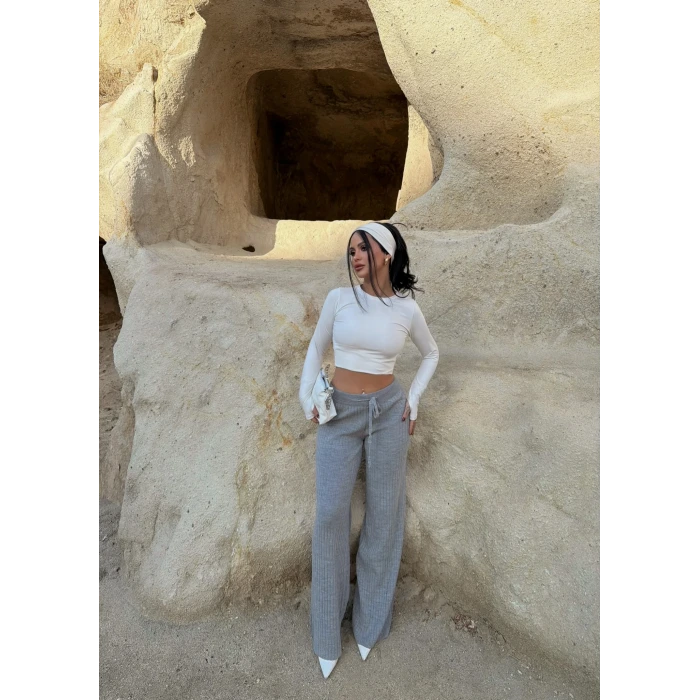 Gri Fitilli Triko Pantolon