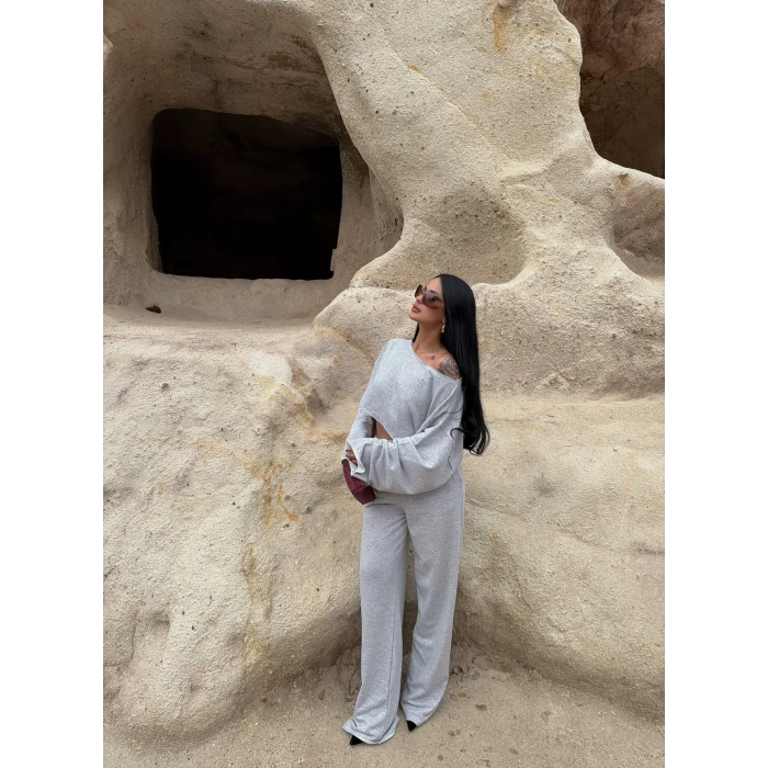 Gri Kayık Yaka Compact Takım