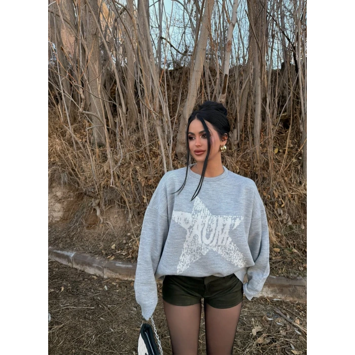 Gri Mind Sırt Baskı Kazak