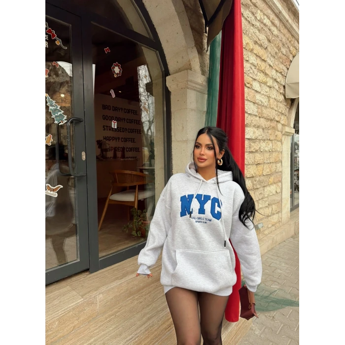 Gri Nyc Şardonlu Oversize Sweat