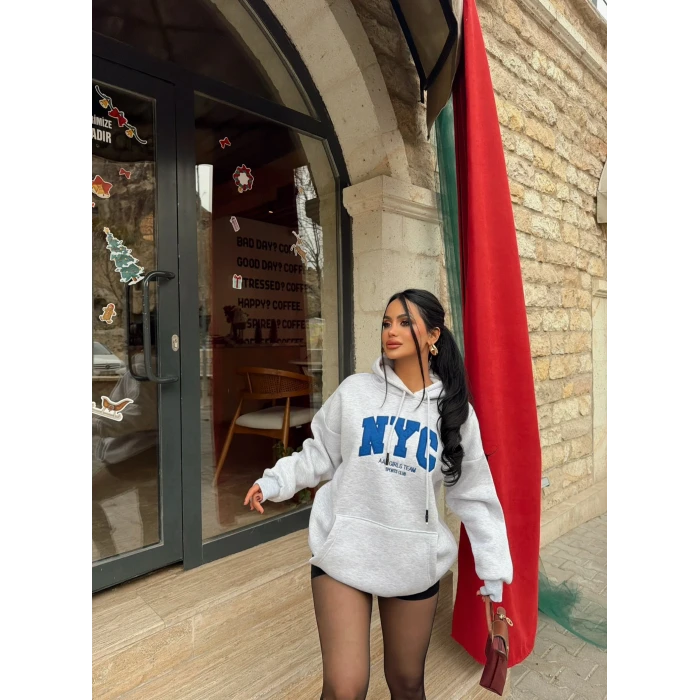 Gri Nyc Şardonlu Oversize Sweat