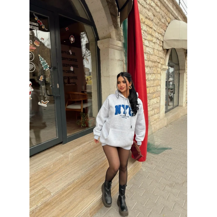 Gri Nyc Şardonlu Oversize Sweat