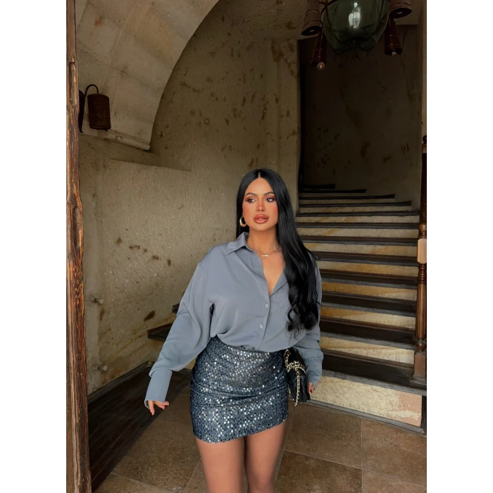 Gri Payetli Gömlek Elbise