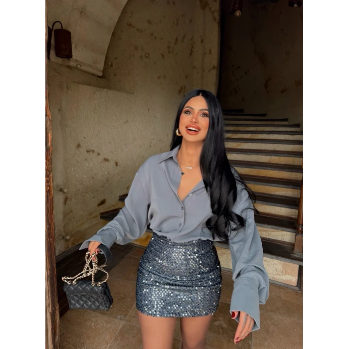 Gri Payetli Gömlek Elbise