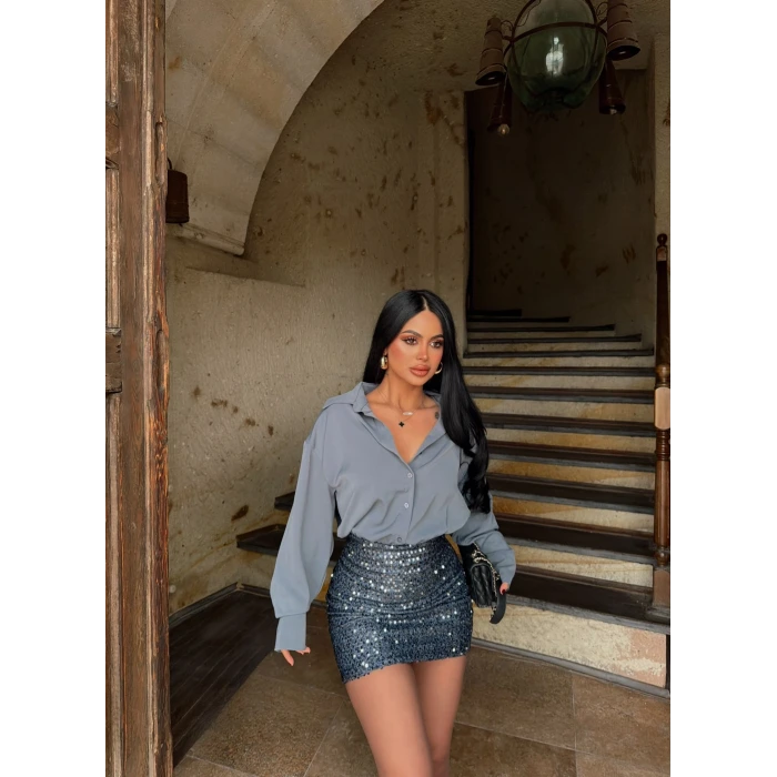 Gri Payetli Gömlek Elbise