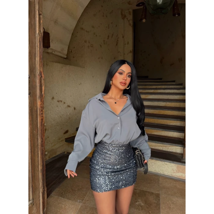 Gri Payetli Gömlek Elbise