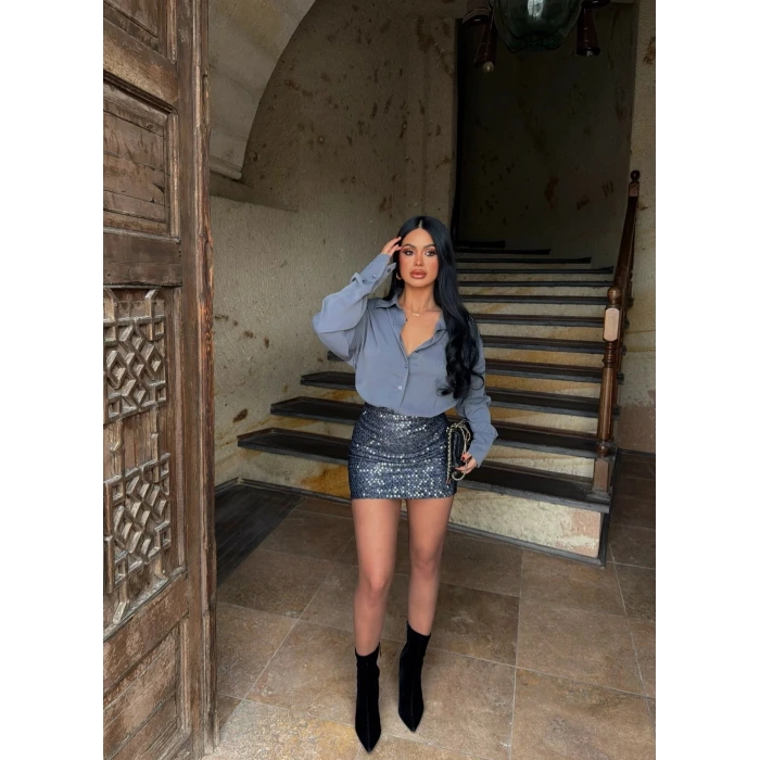 Gri Payetli Gömlek Elbise