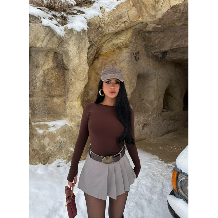 Gri Pileli Viskon Şort Etek