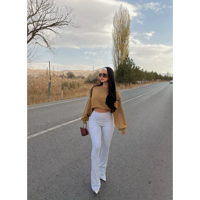 Gri Ribanalı Yüksek Bel Tayt