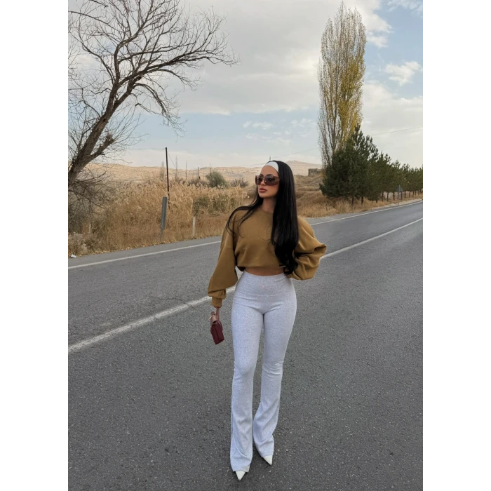 Gri Ribanalı Yüksek Bel Tayt