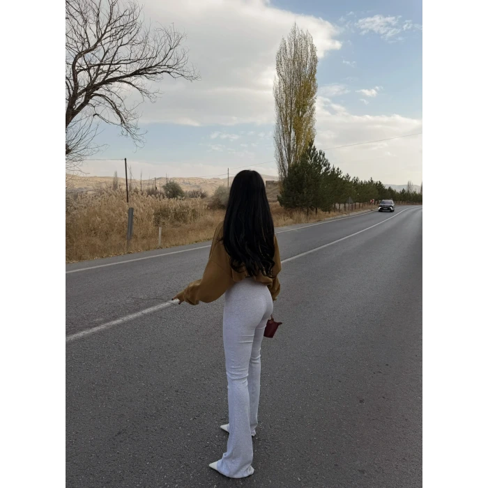 Gri Ribanalı Yüksek Bel Tayt