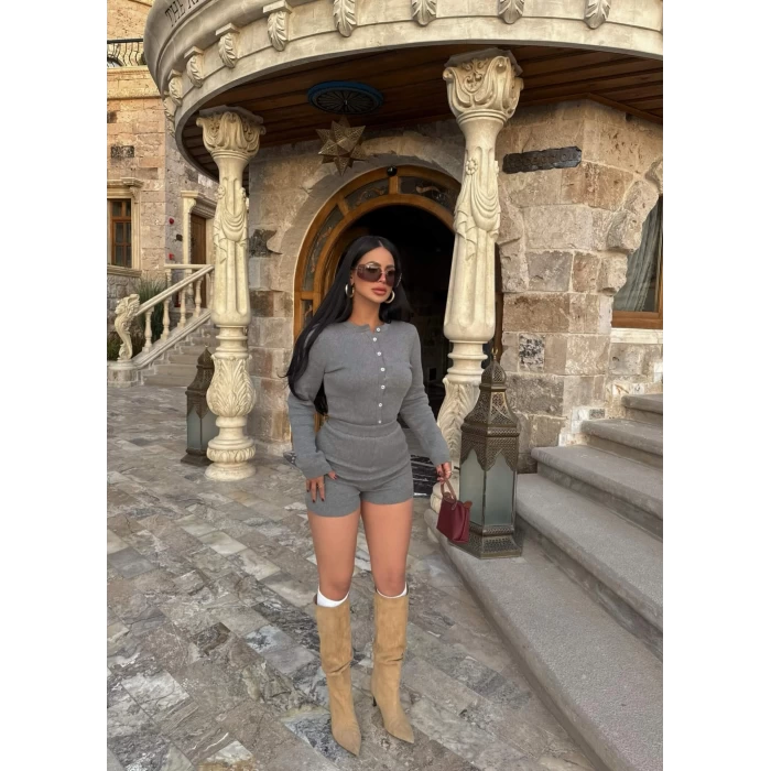 Gri Şortlu Bodysuit Triko İkili Takım