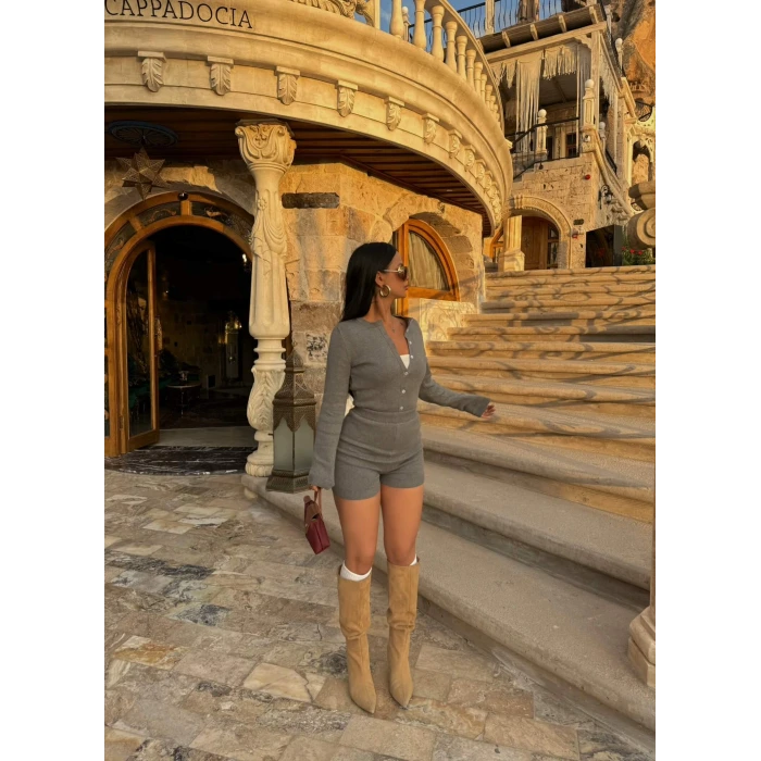 Gri Şortlu Bodysuit Triko İkili Takım