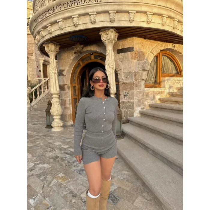 Gri Şortlu Bodysuit Triko İkili Takım