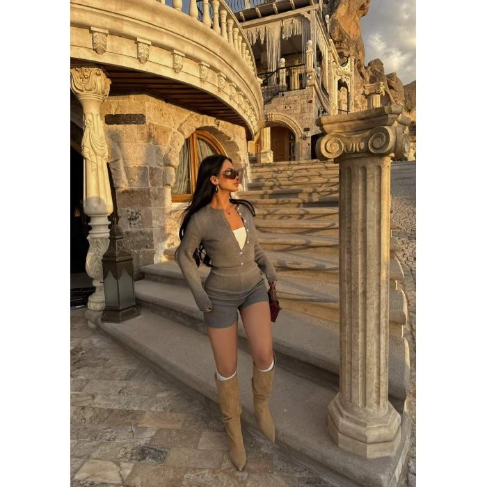 Gri Şortlu Bodysuit Triko İkili Takım