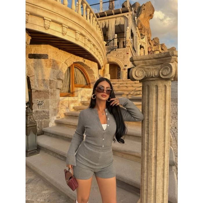 Gri Şortlu Bodysuit Triko İkili Takım