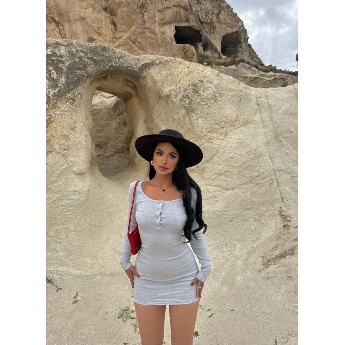 Gri Yaka Düğmeli Kaşkorse Elbise