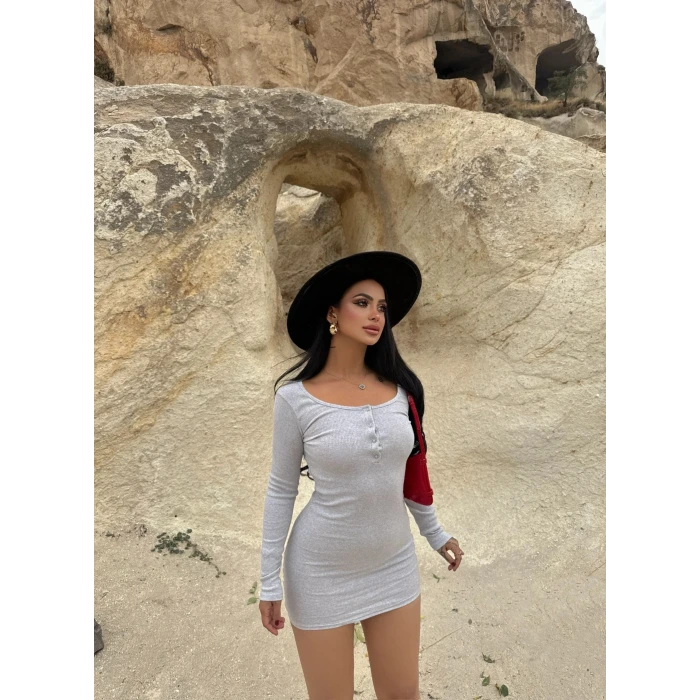 Gri Yaka Düğmeli Kaşkorse Elbise