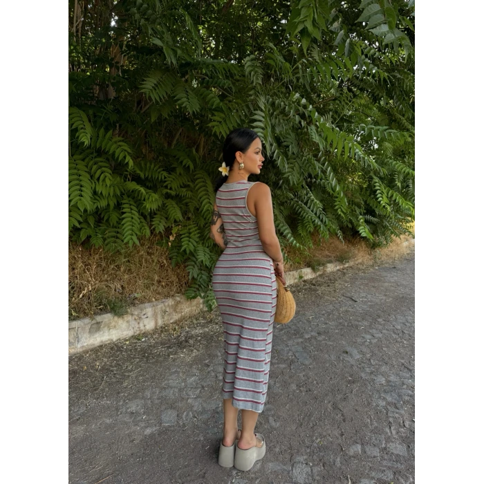 Gri Yan Büzgülü Çizgili Elbise