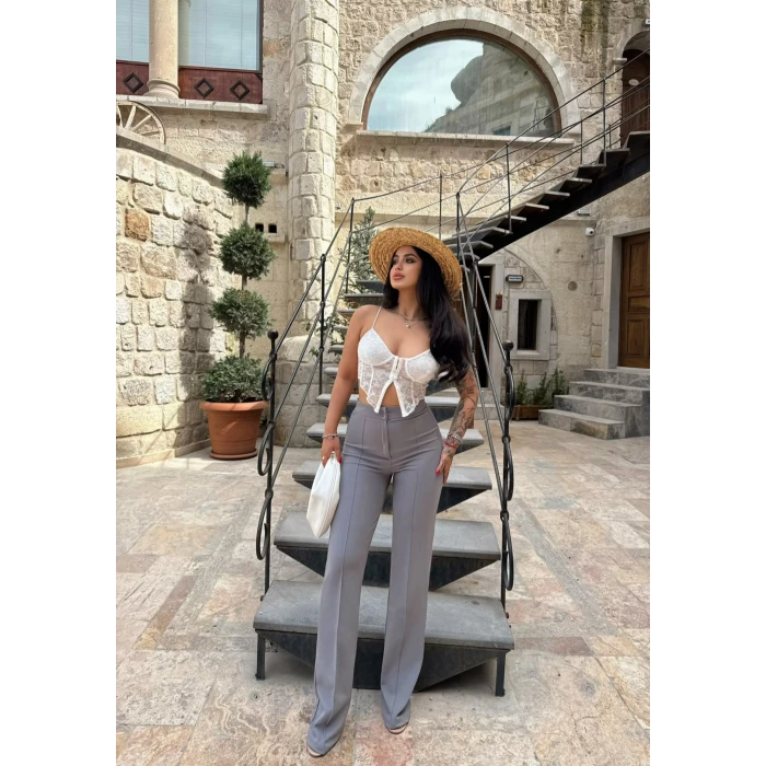 Gri Yüksek Bel Atlas Pantolon