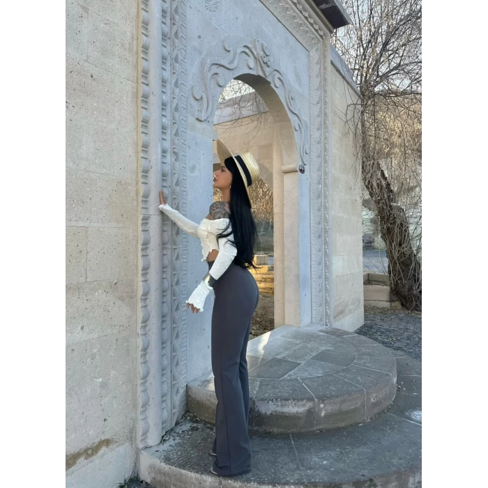 Gri Yüksek Bel Palazzo Pantolon