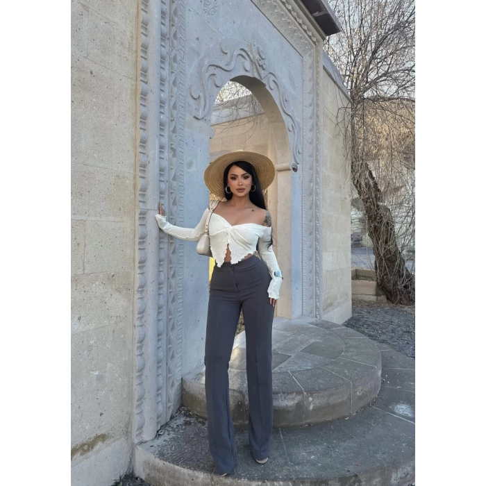 Gri Yüksek Bel Palazzo Pantolon