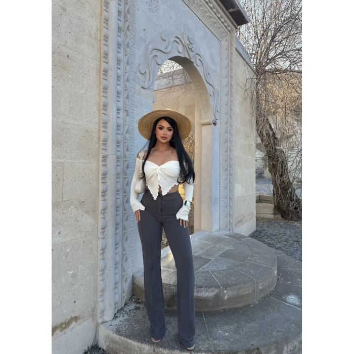 Gri Yüksek Bel Palazzo Pantolon
