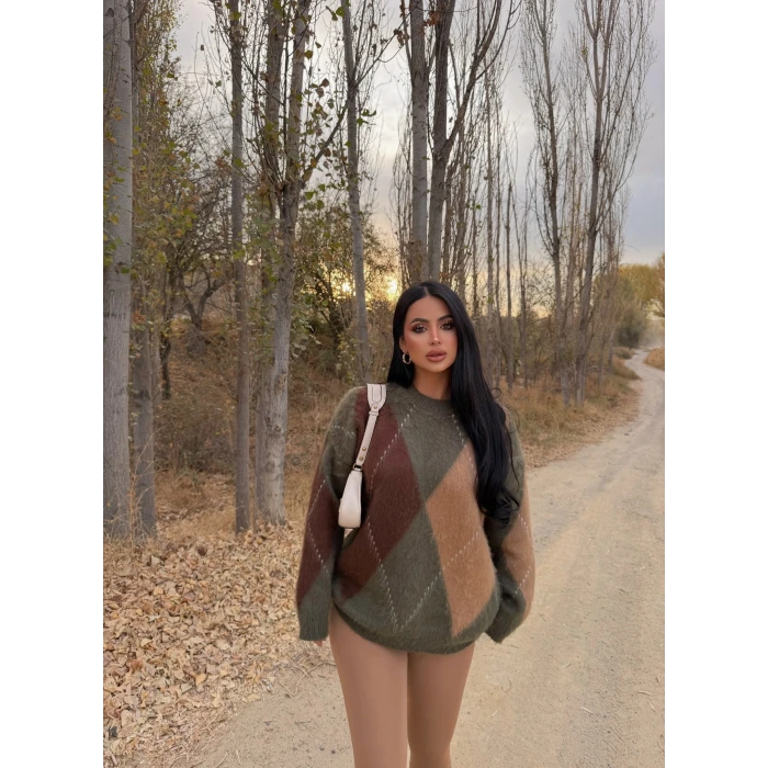 Haki Baklava Desen Kazak