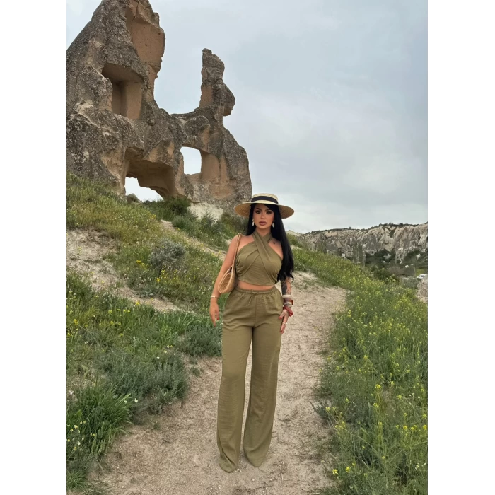 Haki Boyundan Bağlamalı Keten İkili Takım