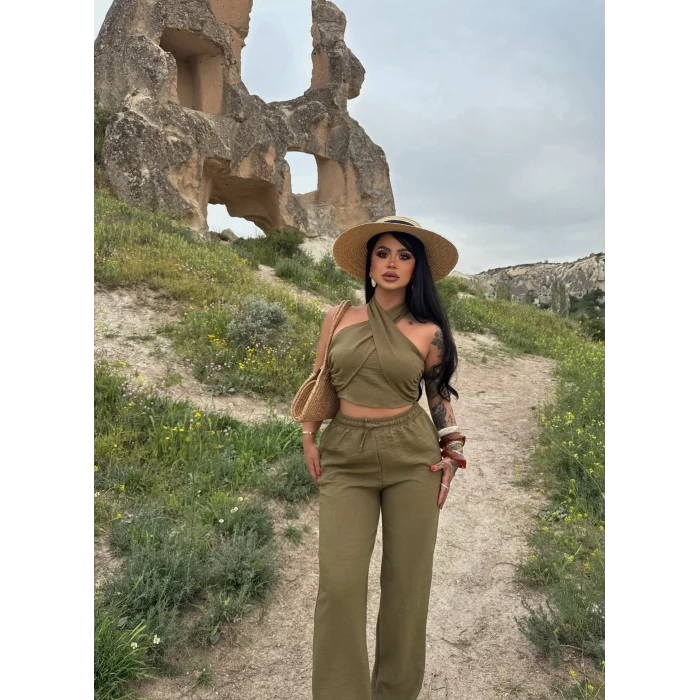 Haki Boyundan Bağlamalı Keten İkili Takım