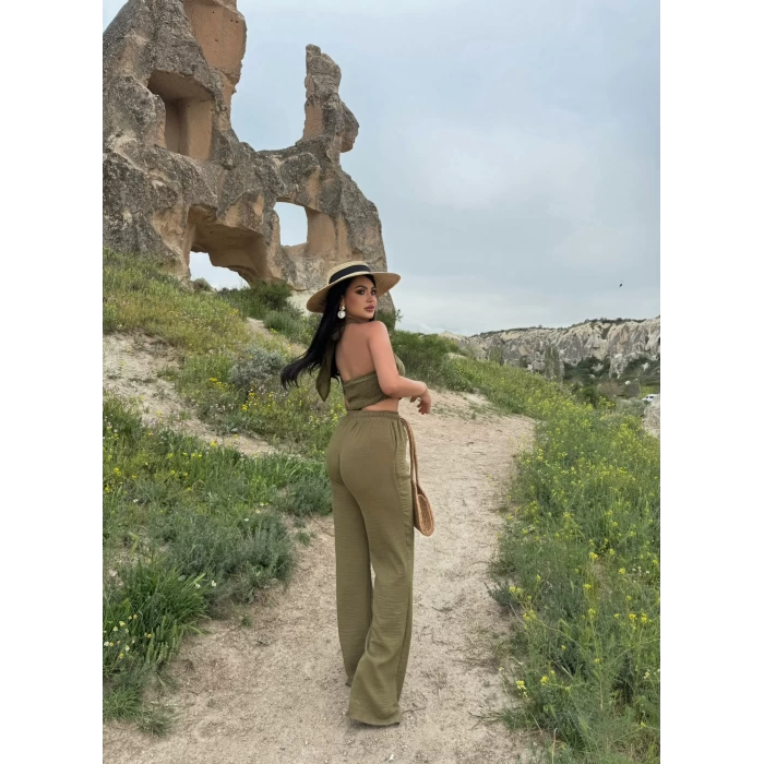 Haki Boyundan Bağlamalı Keten İkili Takım