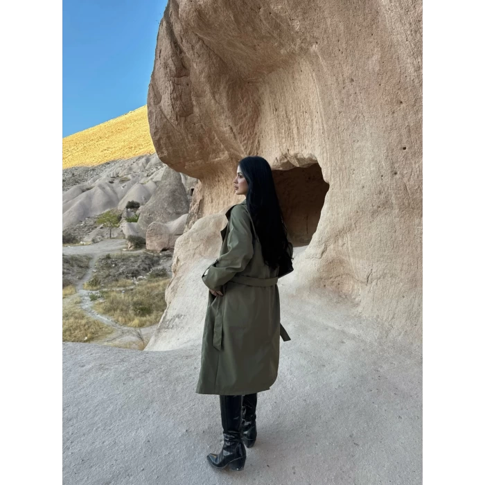 Haki Kol Katlamalı Kemerli Trençkot