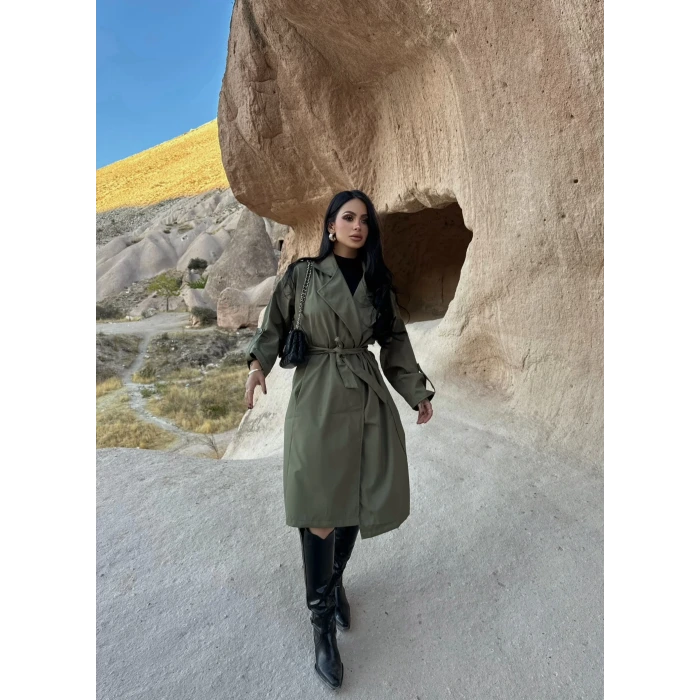 Haki Kol Katlamalı Kemerli Trençkot