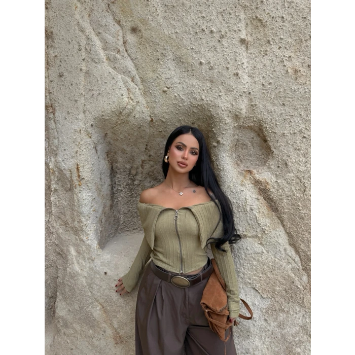 Haki Mendili Yaka Fermuarlı Crop