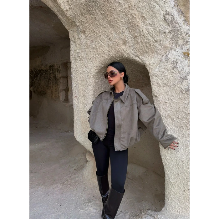 Haki Süet Oversize Bomber Mont