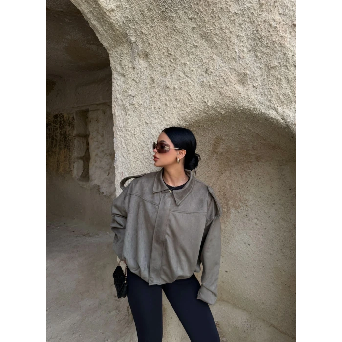 Haki Süet Oversize Bomber Mont