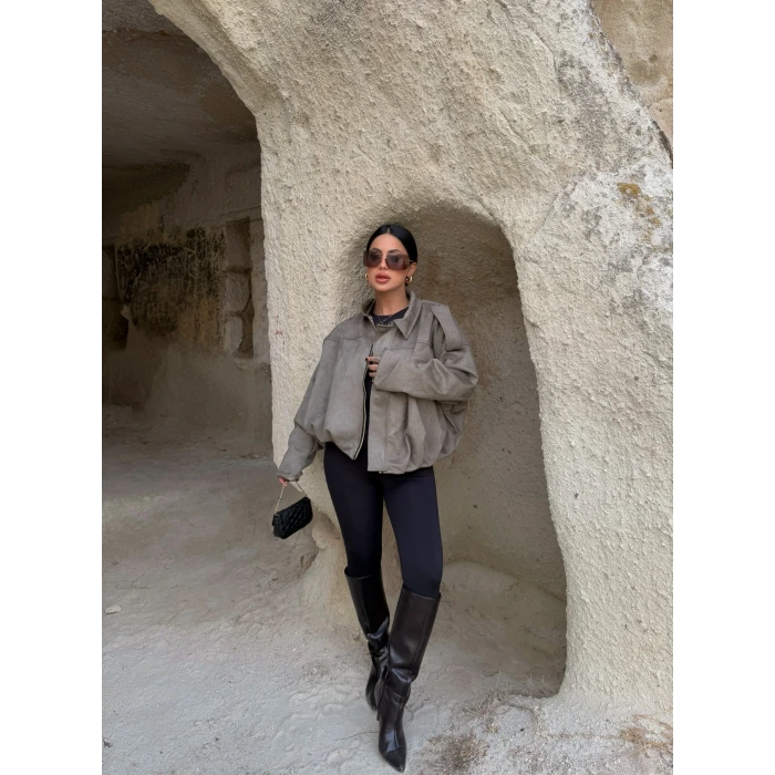 Haki Süet Oversize Bomber Mont