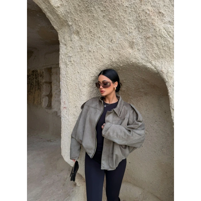 Haki Süet Oversize Bomber Mont