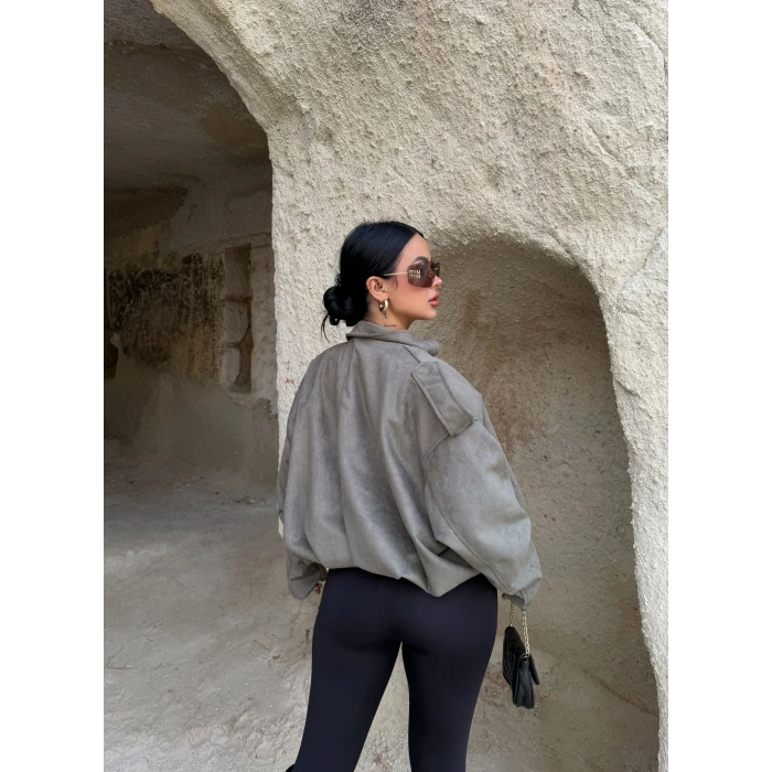 Haki Süet Oversize Bomber Mont